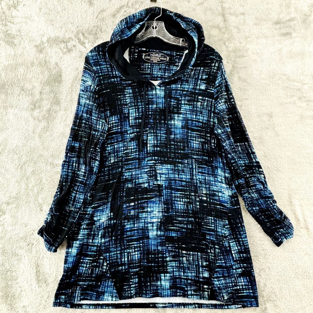 Soma Divine Terry Hooded Pullover Tunic Womens M Shirred Sleeve Abstract Plaid